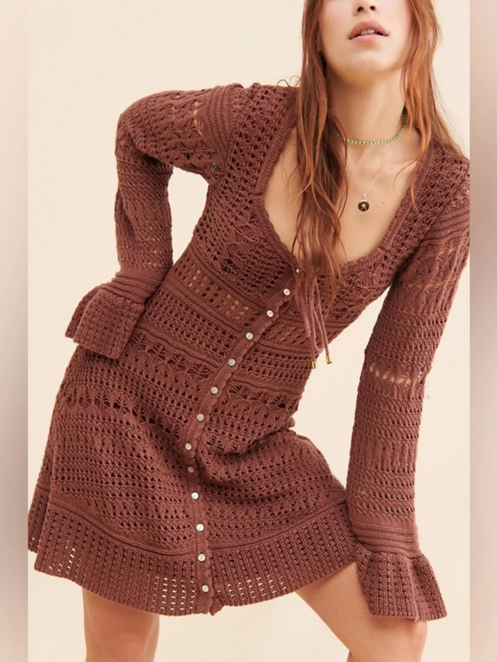 NWT Free People Sedona Crochet Mini Dress Chocolate Brown Bell Sleeve Sz Medium